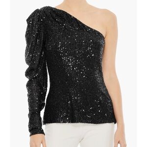MacDuggal One Shoulder Black Sequined Blouse